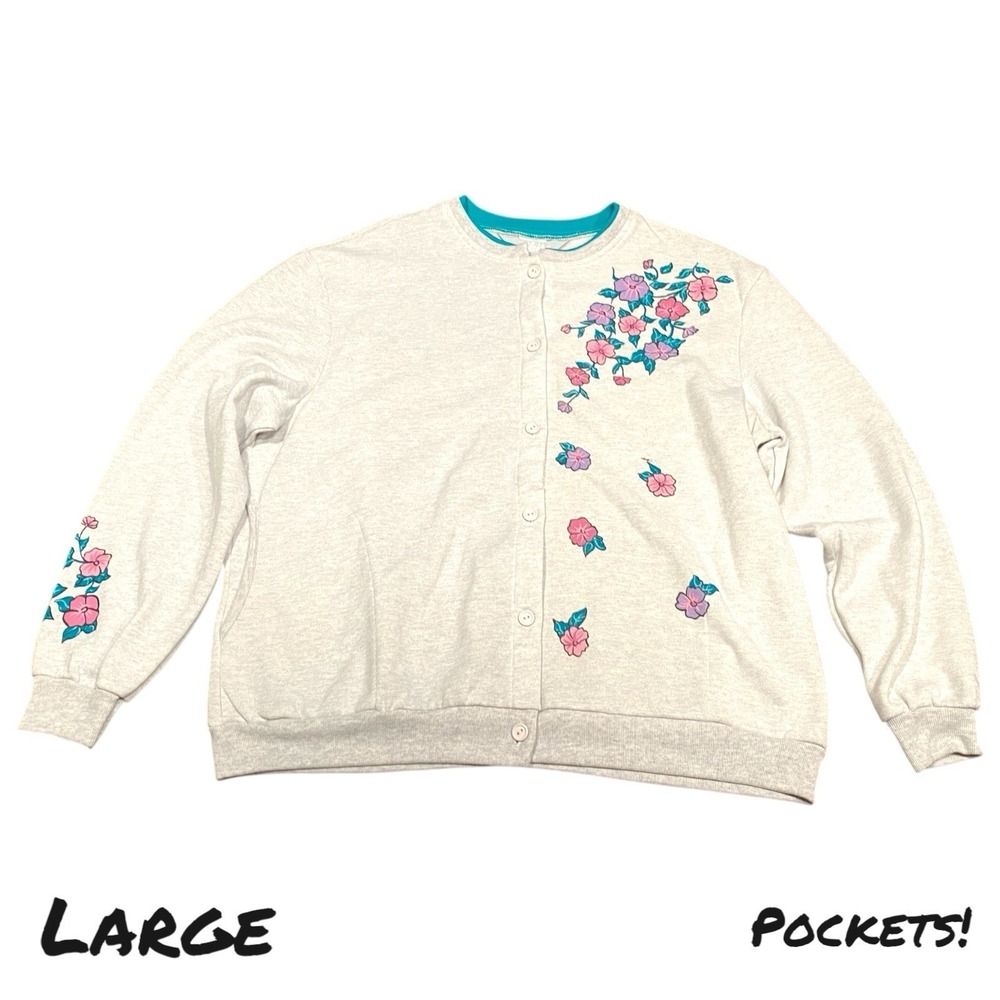 Vtg 90s Blair Cardigan Sweater Gray Jacket Button Up Grannycore Floral Womens L